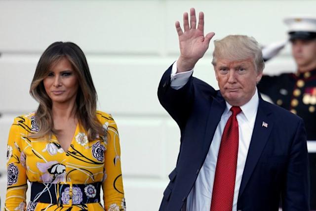 Melania Trump and President Trump wave as Prime Minister Narendra Modi of India leaves the White House.